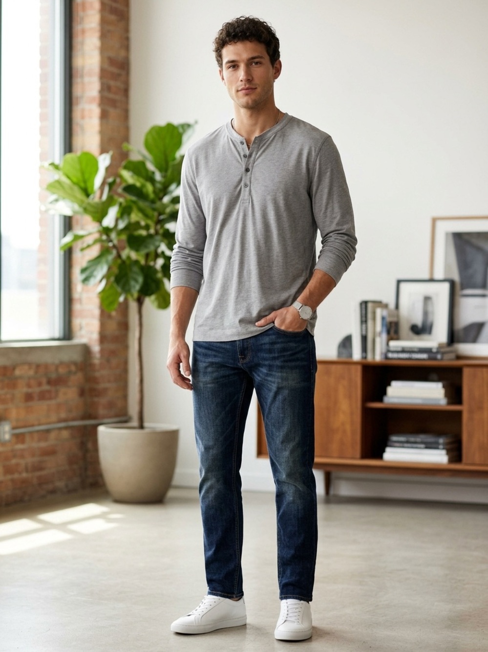 BOSS Hugo Boss Men's Gray Long Sleeve Henley Shirt Slim Fit Large